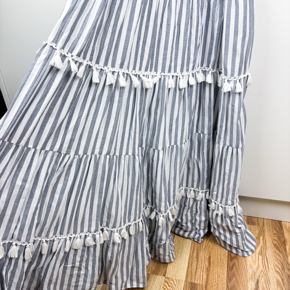 Eliza J Striped Tassel Trim Maxi Dress Cotton Tiered Sleeveless Resort Grey - Picture 6 of 11